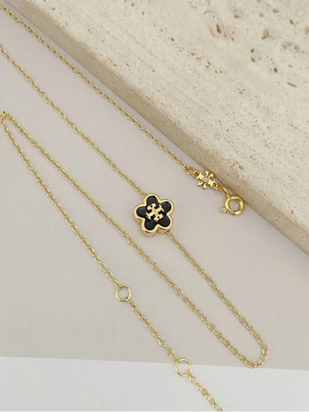 Tory Burch Gold-Tone Necklace with Black Enamel Clover Pendant